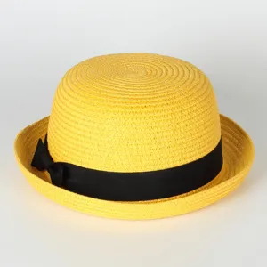 Yellow straw boater hat with black bow ribbon, ideal for outdoor summer sun protection beach cap.
