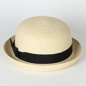 Straw derby hat with black ribbon bow, dome sun hat for outdoor beach and daily casual wear.