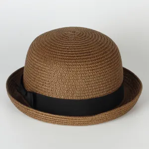 Classic straw bowler hat with black ribbon band for women men summer beach sun protection.