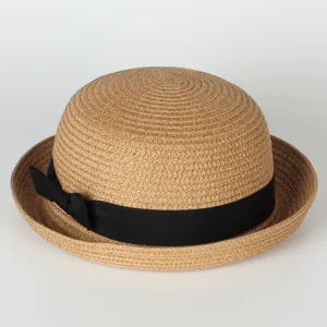 Classic woven straw boater hat with black ribbon bow for women kids summer outdoor sun protection.