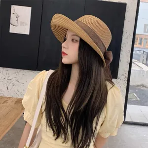 Korean style bow straw hat summer women large brim sun protection beach vacation sunshade hat