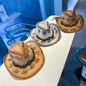 Chapeau de cowboy en paille ajourée avec perles, chapeau de soleil jazz pour vacances.