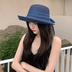 Korean style bow straw hat for women, wide brim sun hat, summer beach holiday sunhat navy blue.