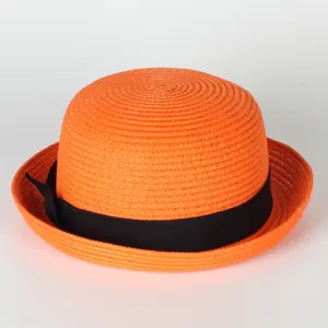 Orange straw boater hat with black bow ribbon for women outdoor sun protection beach sunhat