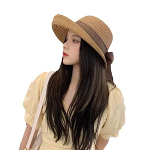 Women's Wide Brim Straw Hat Summer Beach Sun Protection Hat with Elegant Bow and Ribbon