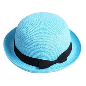 Light blue straw bowler hat with black ribbon bow, cute dome sun hat for summer outdoor beach.