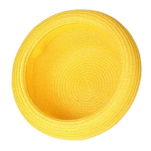 Yellow straw fedora sun hat for summer outdoor beach wear, breathable woven dome hat for family.