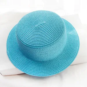 Sky blue straw boater hat for summer, flat top sun protection beach hat fashion accessory