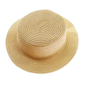 Classic straw boater hat for summer sun protection, stylish flat top woven beach hat.
