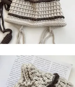 Handmade crochet knit beanie hat detail showing cozy wool texture and cute earflap design.
