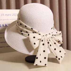 French Elegant Women Summer Beach Vacation Sun Straw Hat Polka Dot Bowknot Wide Brim Bucket Sun Hat