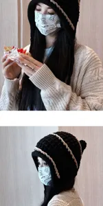 Handmade tassel knitted balaclava hat for women winter warm ear protection pullover beanie