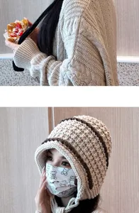 Handmade tassel knit beanie and cardigan set, warm winter earflap hat for women.