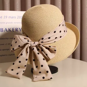 French elegant rolled-brim polka dot bow straw hat for women, summer beach sun protection sun hat.