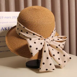 French vintage roll brim polka dot bow bucket hat for women summer beach sun protection straw hat.