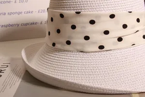 Women summer white straw sun hat with black polka dot ribbon beach vacation hat panama