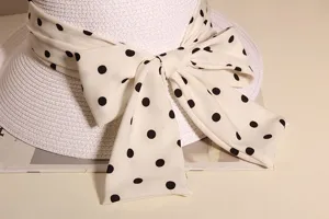 French elegant rolled brim polka dot bow bucket hat summer beach straw sun protection hat