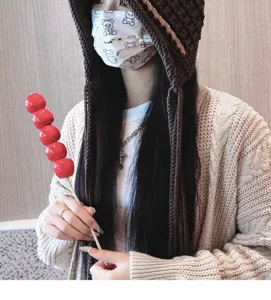 Handcrafted Tassel Knitted Balaclava Hat Brown Winter Ear Protection Pullover Cap Detail