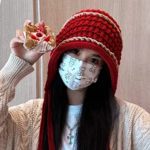 Handmade Tasseled Knitted Woolen Hat Women Autumn Winter Ear Protection Pullover Warm Beanie Hat Fashion Casual Cap
