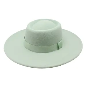 Mint green wool felt wide brim fedora hat retro flat top jazz hat for autumn and winter.