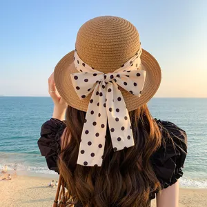 Women summer straw hat beach sun protection French elegant polka dot bow bucket hat