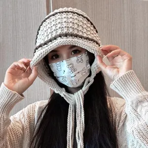 Handmade knitted wool hat for women, autumn winter warm ear-flap pullover beanie cap.
