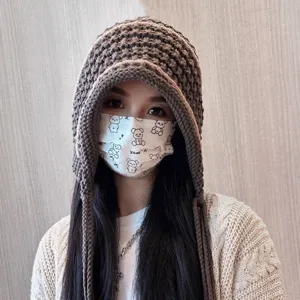 Handmade tassel knitted beanie hat autumn winter warm earflap pullover hat for women