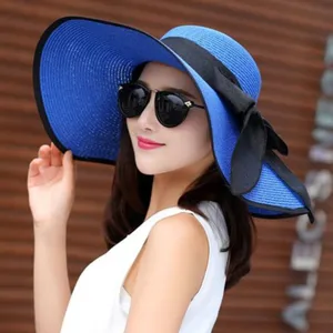 Blue wide-brim straw hat with black bow women beach vacation sun protection sunhat