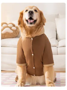 Detailansicht eines Golden Retrievers in einem braunen Hundemantel für warme Wintertage.