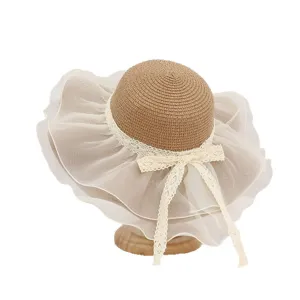 Women summer straw sun hat with mesh ribbon sweet cute beach sunhat main showcase view