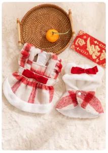 Cute Christmas pet clothes set, warm fleece plaid dress and hooded cloak for dogs and cats.