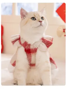 Cute red and white plaid cat dress detail view, winter fleece warm pet apparel style.