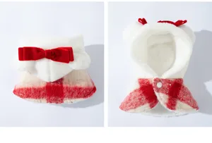 Christmas sweet plaid pet fleece warm cape cute hooded cat dog winter clothing outfit