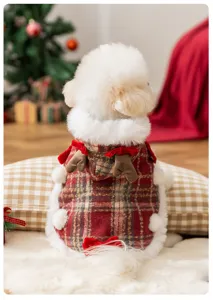 Cute Christmas dog cloak with plaid pattern, faux fur trim, and reindeer antlers for pets.
