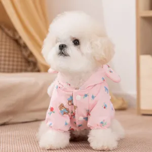 Simpatici Vestiti per Animali Domestici con Motivo Orso a Fiori Autunno Inverno Caldo Abito da Cane Foderato in Pile con Fibbia ad Anello a D Finitura in Pizzo per Cani Piccoli Medi Gatto