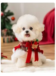 Cute Christmas pet cape for dogs and cats, warm plaid cloak with a big red bow for winter.
