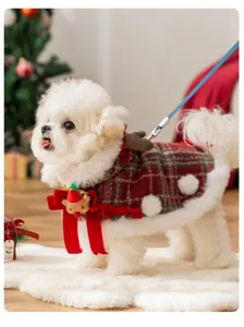 Christmas plaid pet cape detail, warm winter clothing for small dogs and cats with cute decor.