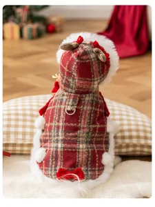 Christmas plaid pet cloak detail view, warm winter dog clothes with cute plush trim and horns.