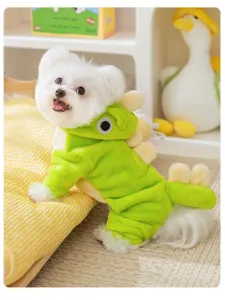 Niedliches Dinosaurier Hunde Fleece Kostüm, warme vierbeinige Haustierkleidung für Welpen.