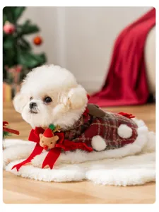 Christmas pet dog plaid cape costume with cute plush reindeer bow for small cats and dogs