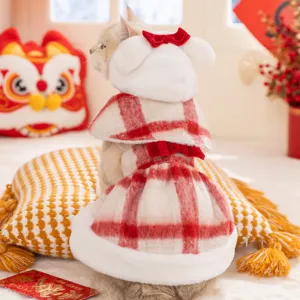Christmas cat plaid dress warm plush pet costume for cute winter kitten apparel and clothing