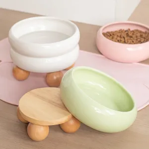 Ciotola Rialzata in Ceramica per Animali Domestici Con Supporto in Legno Protezione Collo Ciotola Rimovibile per Cibo e Acqua Gatti Cani