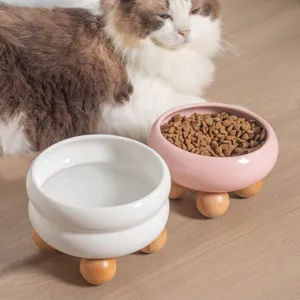 Ciotola per gatti e cani in ceramica con supporto in legno, ciotola rialzata acqua e cibo.