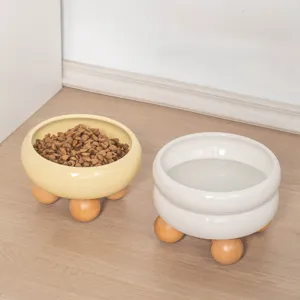 Ciotola per animali in ceramica con piedi in legno, ciotola rialzata per cani e gatti.