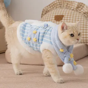 Simpatico gatto inverno caldo gilet a righe blu e sciarpa set con stelle gialle