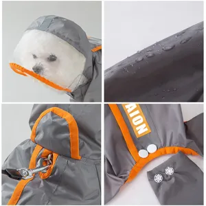 Imperméable pour chien avec capuche transparente et trou de laisse, gris et orange vif.