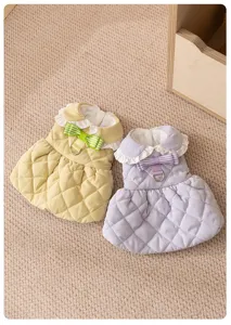Cozy pet cat princess dress detail, quilted warm fabric, cute bowknot design with leash ring.