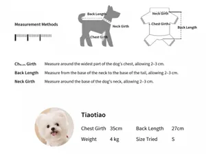Tabella taglie e guida alle misurazioni per vestiti di cani e gatti di piccola taglia, semplice.