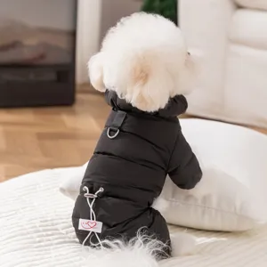 Warm four-leg dog down jacket for small dogs like Bichon and Teddy, stylish black winter pet coat.