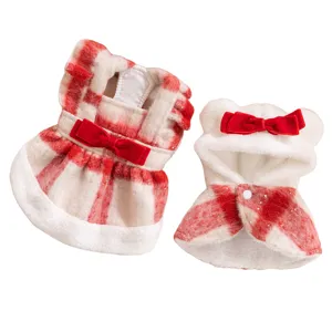 Christmas pet plaid dress and hooded cape set, cute warm plush cat and dog clothes for winter.